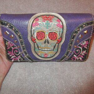 Vtg Sugar Skull Wallet Embroidered Faux Leather Clutch Wristlet Cross Studs Y2K
